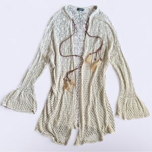 Y2K Earthbound Cream Cut Out Knit Long Cardigan Flare Sleeves Boho
